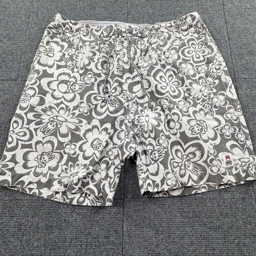 Psycho Bunny Mens XL Swim Trunks Grey White Floral Skull Logo Mesh Lined Shorts
